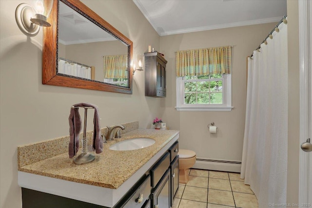 20 Thayer Road Ext, Haddam, CT 06441 - full bath with a baseboard heating unit, vanity, crown molding, tile patterned floors, and toilet