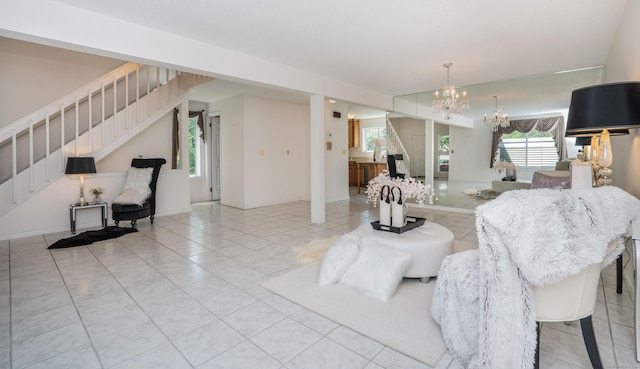 592 Mountain Rd Unit A, West Hartford, CT 06117 - dining area featuring stairs, a chandelier, and light tile patterned flooring