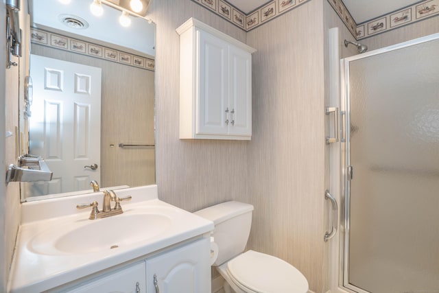 592 Mountain Rd Unit A, West Hartford, CT 06117 - full bath with wallpapered walls, a stall shower, toilet, and vanity