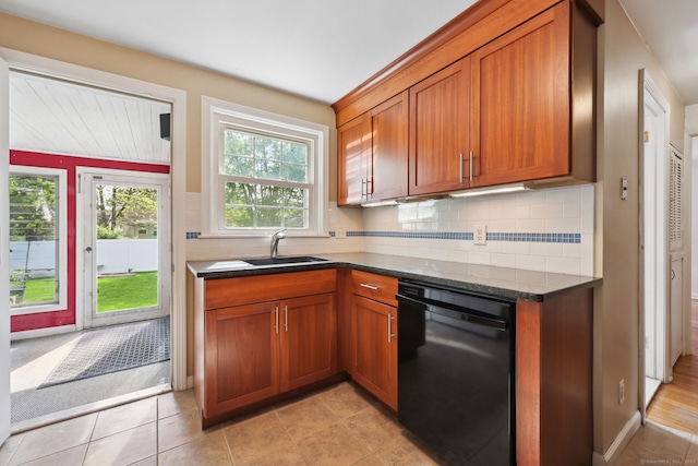 26 Brian Rd, West Hartford, CT 06110 - kitchen featuring dishwasher, a sink, brown cabinetry, tasteful backsplash, and light tile patterned floors