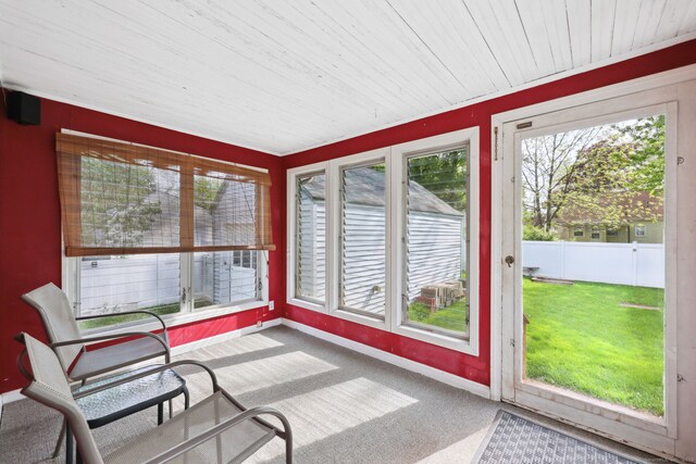 26 Brian Rd, West Hartford, CT 06110 - unfurnished sunroom with carpet, baseboards, and wooden ceiling