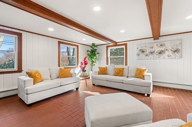 689 S Meriden Rd, Cheshire, CT 06410 - living room featuring beam ceiling, healthy amount of natural light, brick floors, and baseboard heating