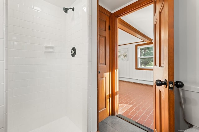 689 S Meriden Rd, Cheshire, CT 06410 - bathroom featuring tiled shower, a baseboard radiator, and brick patterned floors
