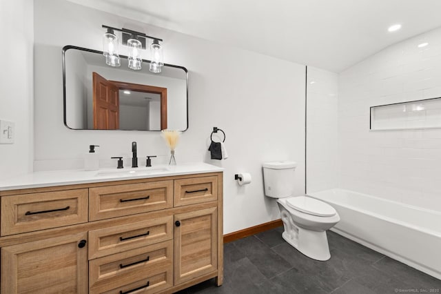 689 S Meriden Rd, Cheshire, CT 06410 - bathroom with toilet, vanity, lofted ceiling, baseboards, and tile patterned flooring