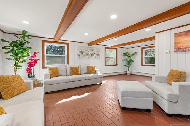 689 S Meriden Rd, Cheshire, CT 06410 - living area featuring beamed ceiling, a decorative wall, a baseboard radiator, recessed lighting, and brick floors