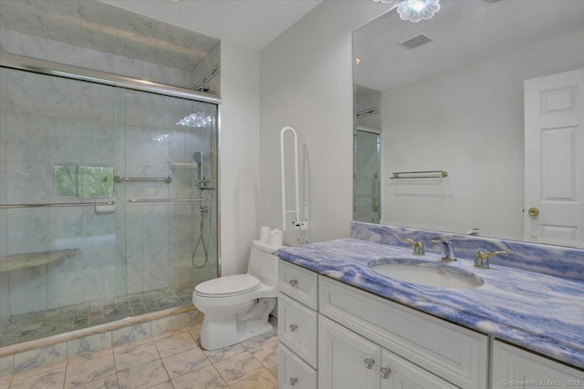 547 Pilgrim Hbr Unit 547, Wallingford, CT 06492 - full bathroom featuring a shower stall, toilet, vanity, and marble look tile flooring