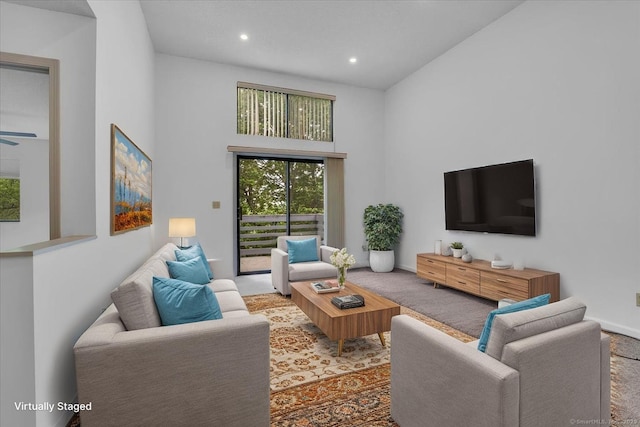547 Pilgrim Hbr Unit 547, Wallingford, CT 06492 - living room featuring a high ceiling, recessed lighting, carpet floors, and baseboards