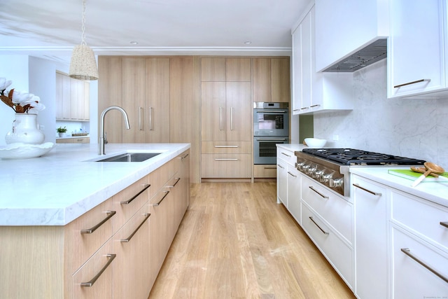 158 Compo Rd N, Westport, CT 06880 - kitchen featuring a sink, stainless steel appliances, light brown cabinets, light wood-style flooring, and modern cabinets