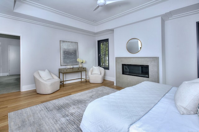158 Compo Rd N, Westport, CT 06880 - bedroom with a tray ceiling, wood finished floors, a glass covered fireplace, and baseboards