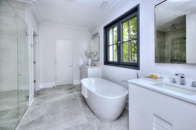 158 Compo Rd N, Westport, CT 06880 - full bath with a stall shower, vanity, a soaking tub, crown molding, and baseboards