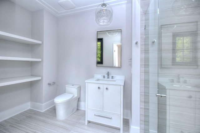 158 Compo Rd N, Westport, CT 06880 - full bath with vanity, toilet, a shower stall, baseboards, and wood finished floors