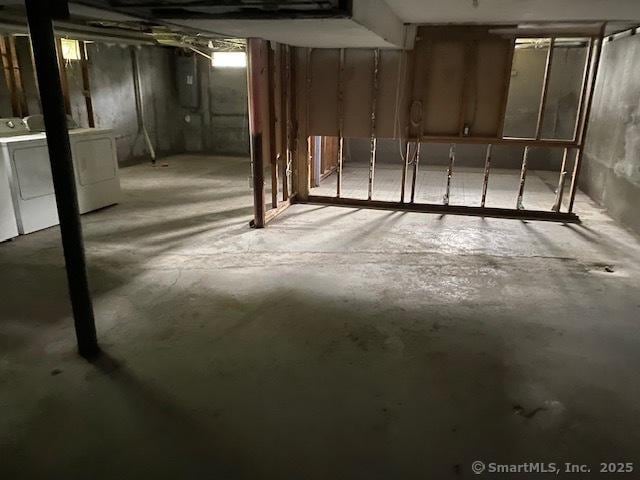 147 Chester St, East Hartford, CT 06108 - unfinished basement featuring washer and dryer and electric panel