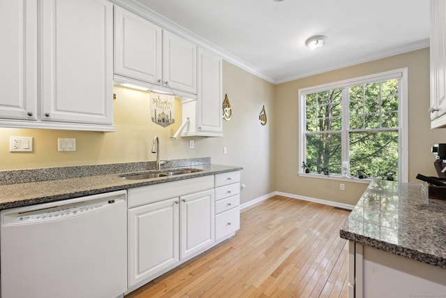 20 Goodwin Cir Unit 20, Hartford, CT 06105 - kitchen featuring dishwasher, a sink, baseboards, ornamental molding, and white cabinetry