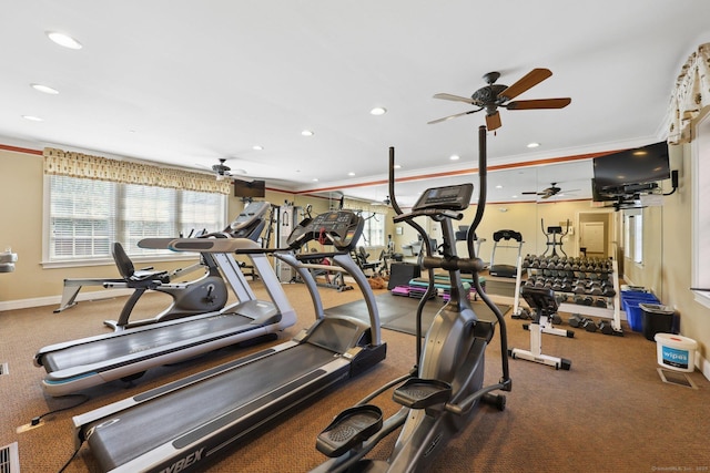 20 Goodwin Cir Unit 20, Hartford, CT 06105 - gym featuring ceiling fan, recessed lighting, crown molding, baseboards, and carpet floors