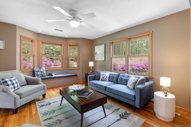 67 Blue Heron Dr, East Hampton, CT 06424 - living room featuring plenty of natural light, light wood-type flooring, ceiling fan, baseboards, and a textured ceiling