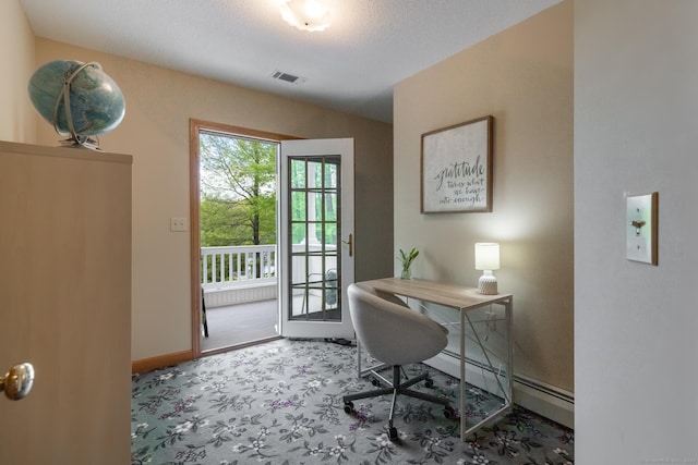 67 Blue Heron Dr, East Hampton, CT 06424 - office area with baseboards, baseboard heating, and carpet flooring