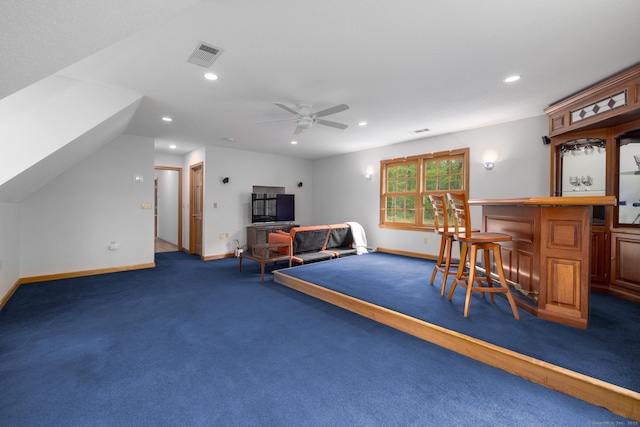 67 Blue Heron Dr, East Hampton, CT 06424 - game room featuring a bar, carpet floors, recessed lighting, a ceiling fan, and baseboards