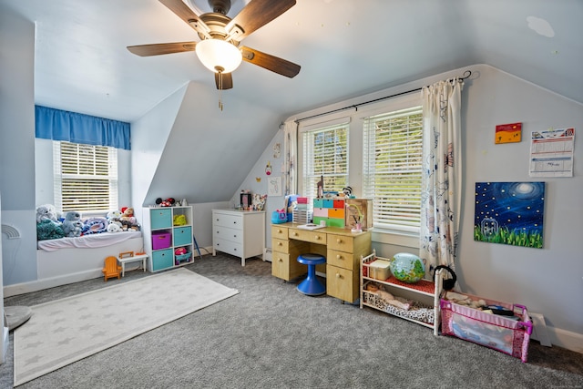 rec room featuring lofted ceiling, carpet flooring, and a ceiling fan