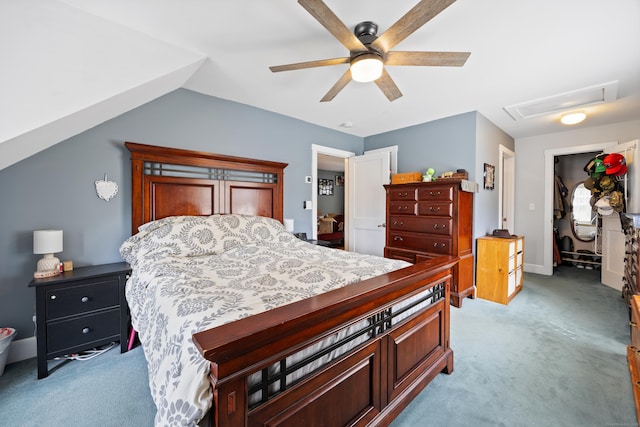 bedroom with light colored carpet, ceiling fan, and baseboards
