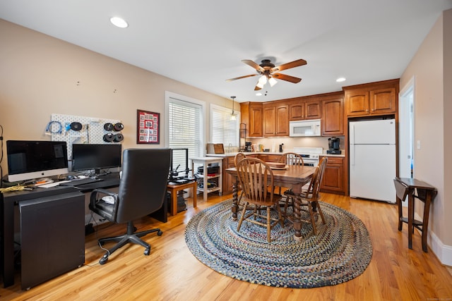 dining room with a ceiling fan, light wood-style floors, an office area, and recessed lighting