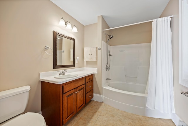 bathroom with toilet, tile patterned flooring, shower / bath combo, and vanity