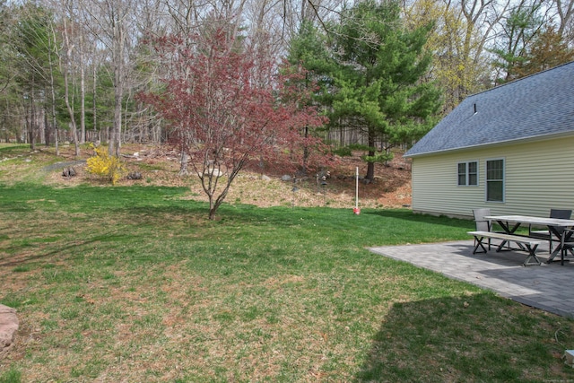 view of green lawn featuring a patio