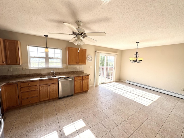 26 John George Dr, Meriden, CT 06450 - kitchen featuring stainless steel dishwasher, brown cabinetry, tasteful backsplash, hanging light fixtures, and a sink