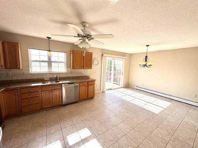 26 John George Dr, Meriden, CT 06450 - kitchen featuring dishwasher, brown cabinets, a sink, tasteful backsplash, and pendant lighting