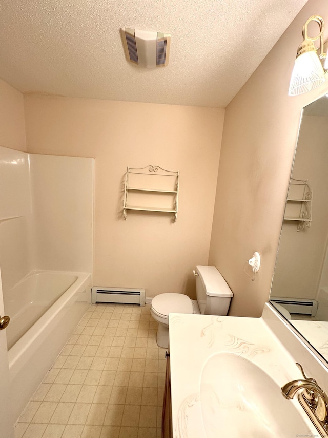 26 John George Dr, Meriden, CT 06450 - full bathroom featuring a baseboard heating unit, toilet, a textured ceiling, vanity, and shower / tub combination