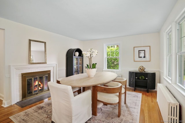 8 Bailey St, Trumbull, CT 06611 - dining area featuring radiator heating unit, a fireplace, and light wood-style floors