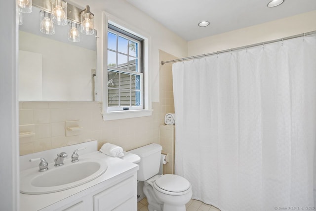 8 Bailey St, Trumbull, CT 06611 - full bathroom featuring vanity, tile walls, a shower with shower curtain, tile patterned floors, and recessed lighting