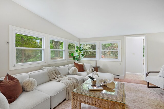 8 Bailey St, Trumbull, CT 06611 - living area featuring vaulted ceiling, healthy amount of natural light, and baseboard heating