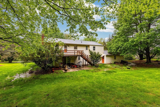 1 Meadowview Ln, Bloomfield, CT 06002 - back of house featuring a wooden deck, stairs, a yard, a patio area, and a chimney