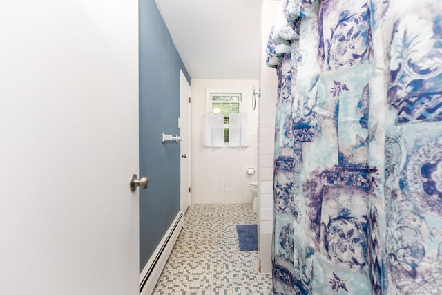 1 Meadowview Ln, Bloomfield, CT 06002 - bathroom featuring a baseboard heating unit, toilet, a shower with shower curtain, and tile patterned floors