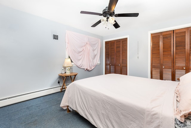 1 Meadowview Ln, Bloomfield, CT 06002 - carpeted bedroom featuring a baseboard heating unit, two closets, and a ceiling fan