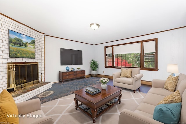 1 Meadowview Ln, Bloomfield, CT 06002 - living room with ornamental molding, a baseboard heating unit, and a fireplace