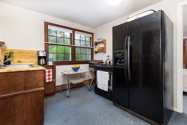 1 Meadowview Ln, Bloomfield, CT 06002 - kitchen featuring black appliances, carpet floors, wallpapered walls, and a sink