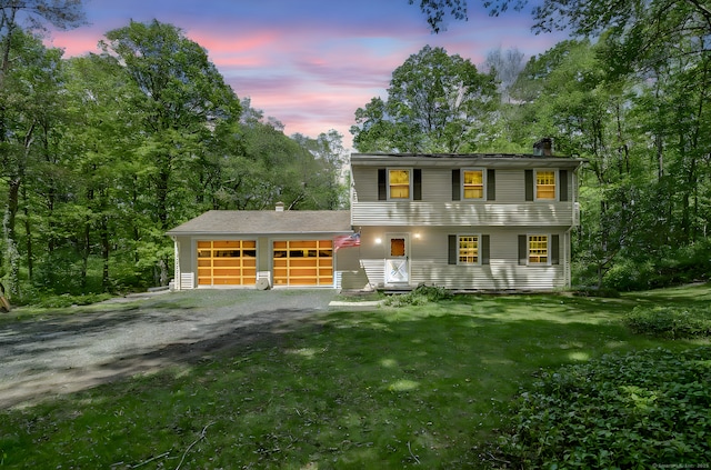 13 Bayberry Ln, Redding, CT 06896 - colonial home with a chimney, a garage, a front yard, and driveway