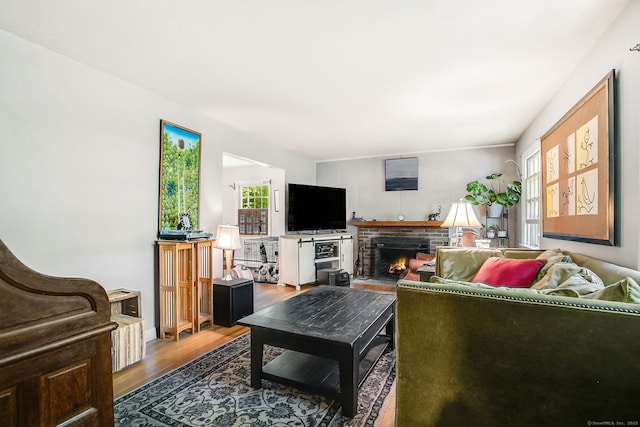 13 Bayberry Ln, Redding, CT 06896 - living room featuring wood finished floors and a brick fireplace