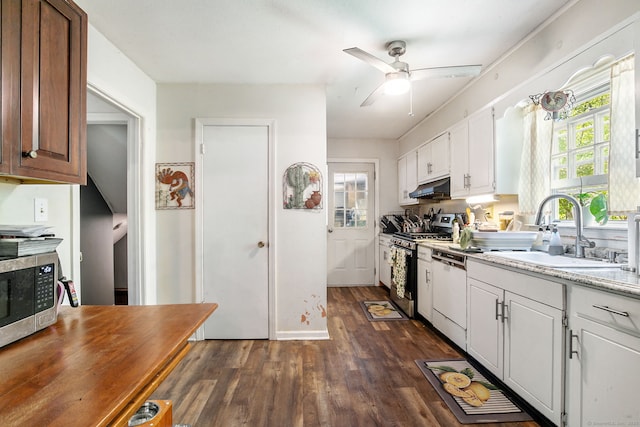 13 Bayberry Ln, Redding, CT 06896 - kitchen featuring stainless steel appliances, a sink, under cabinet range hood, dark wood-style flooring, and ceiling fan
