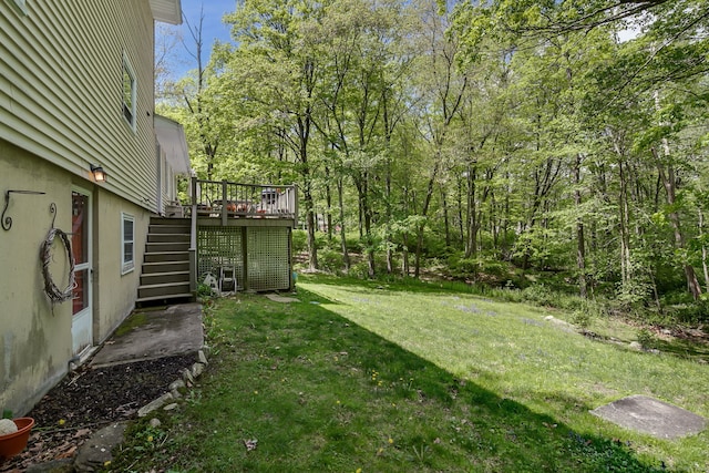 13 Bayberry Ln, Redding, CT 06896 - view of grassy yard featuring stairs and a wooden deck