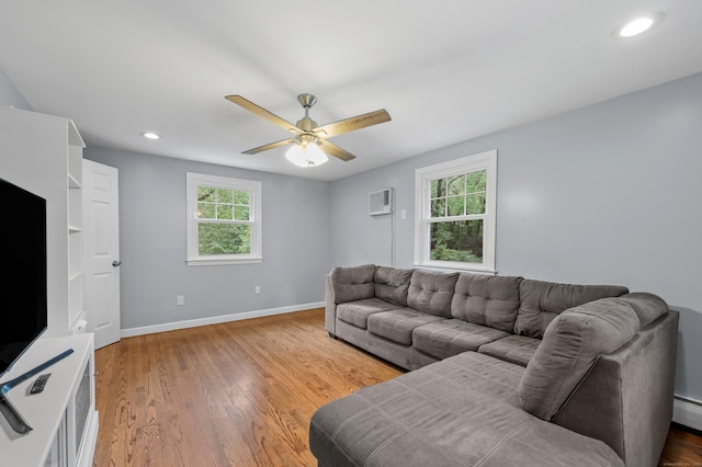 19 Crest Dr, Vernon, CT 06066 - living room with a wall mounted AC, ceiling fan, baseboards, light wood finished floors, and recessed lighting