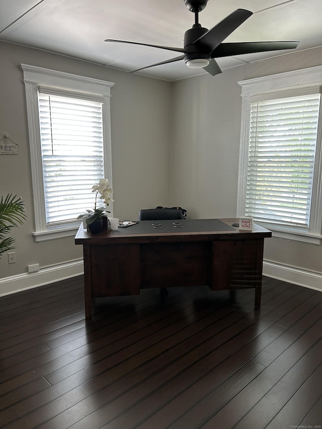 office area with a ceiling fan, dark wood-style floors, and baseboards