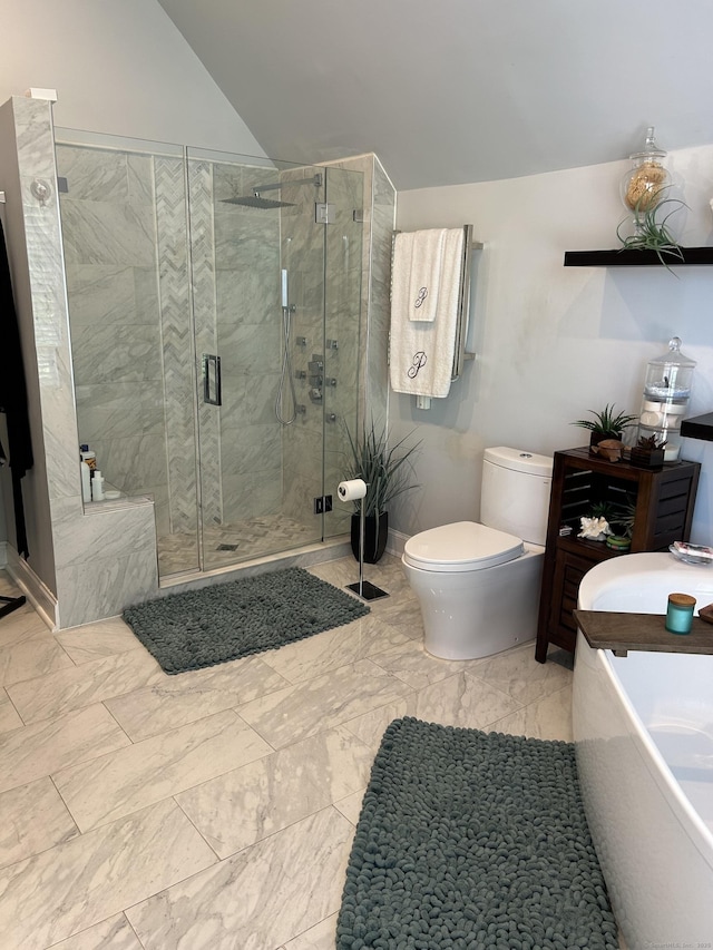 full bath with lofted ceiling, a stall shower, toilet, marble finish floors, and a bath