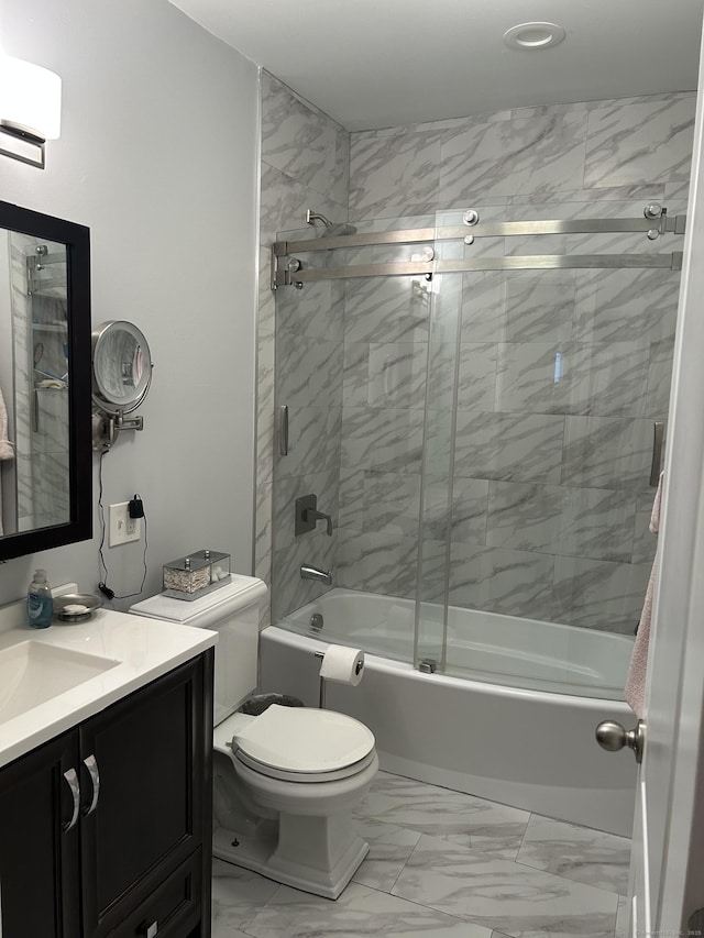 bathroom with marble look tiles, combined bath / shower with glass door, toilet, vanity, and recessed lighting
