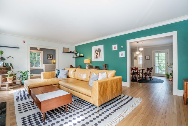 26 Ridgewood Rd, West Hartford, CT 06107 - living area with ornamental molding, healthy amount of natural light, light wood-style floors, and baseboards