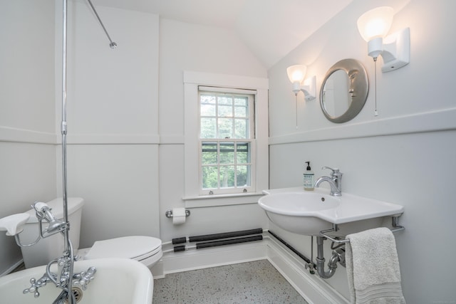 26 Ridgewood Rd, West Hartford, CT 06107 - full bathroom featuring speckle patterned floor, toilet, vaulted ceiling, and baseboards