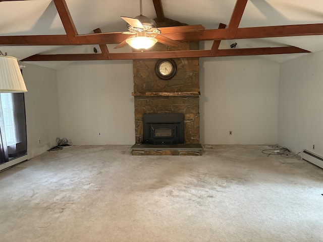 156 Russell Ave, Orange, CT 06477 - unfurnished living room featuring beamed ceiling, carpet flooring, ceiling fan, high vaulted ceiling, and baseboard heating