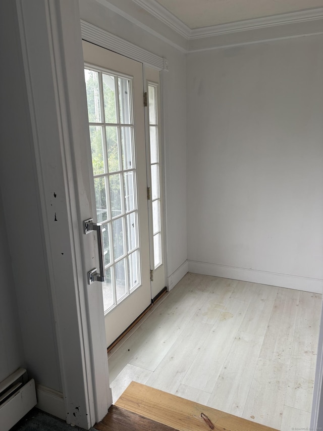 156 Russell Ave, Orange, CT 06477 - doorway with a baseboard heating unit, wood finished floors, and crown molding