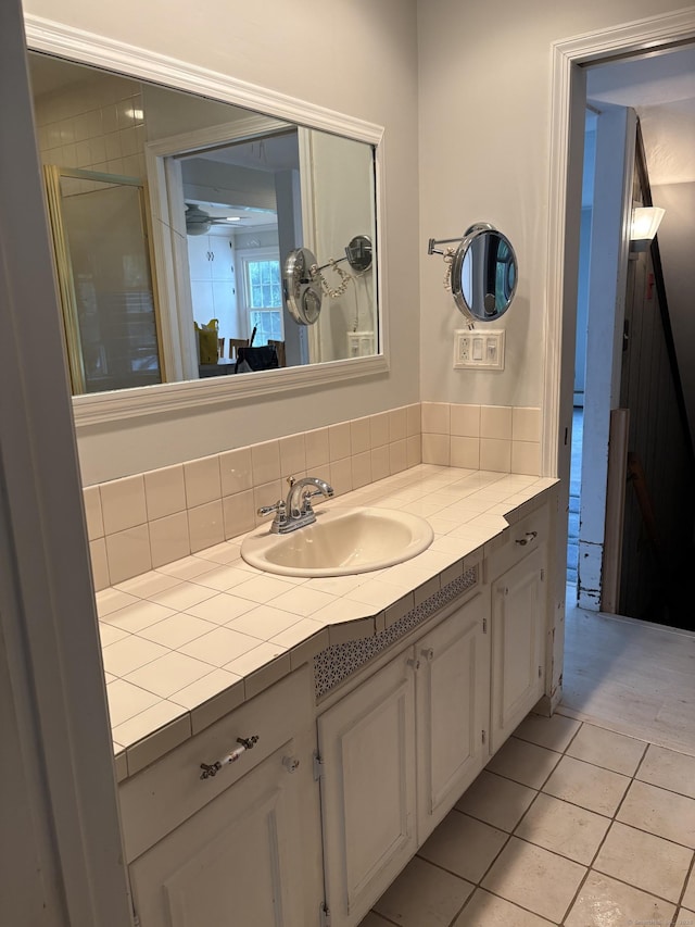 156 Russell Ave, Orange, CT 06477 - full bathroom featuring vanity, tile patterned floors, a shower with door, and ceiling fan
